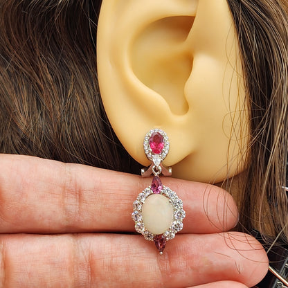Silver Natural Opal and Tourmaline Drop Earrings, Fancy Drop Earrings with Natural Gemstone
