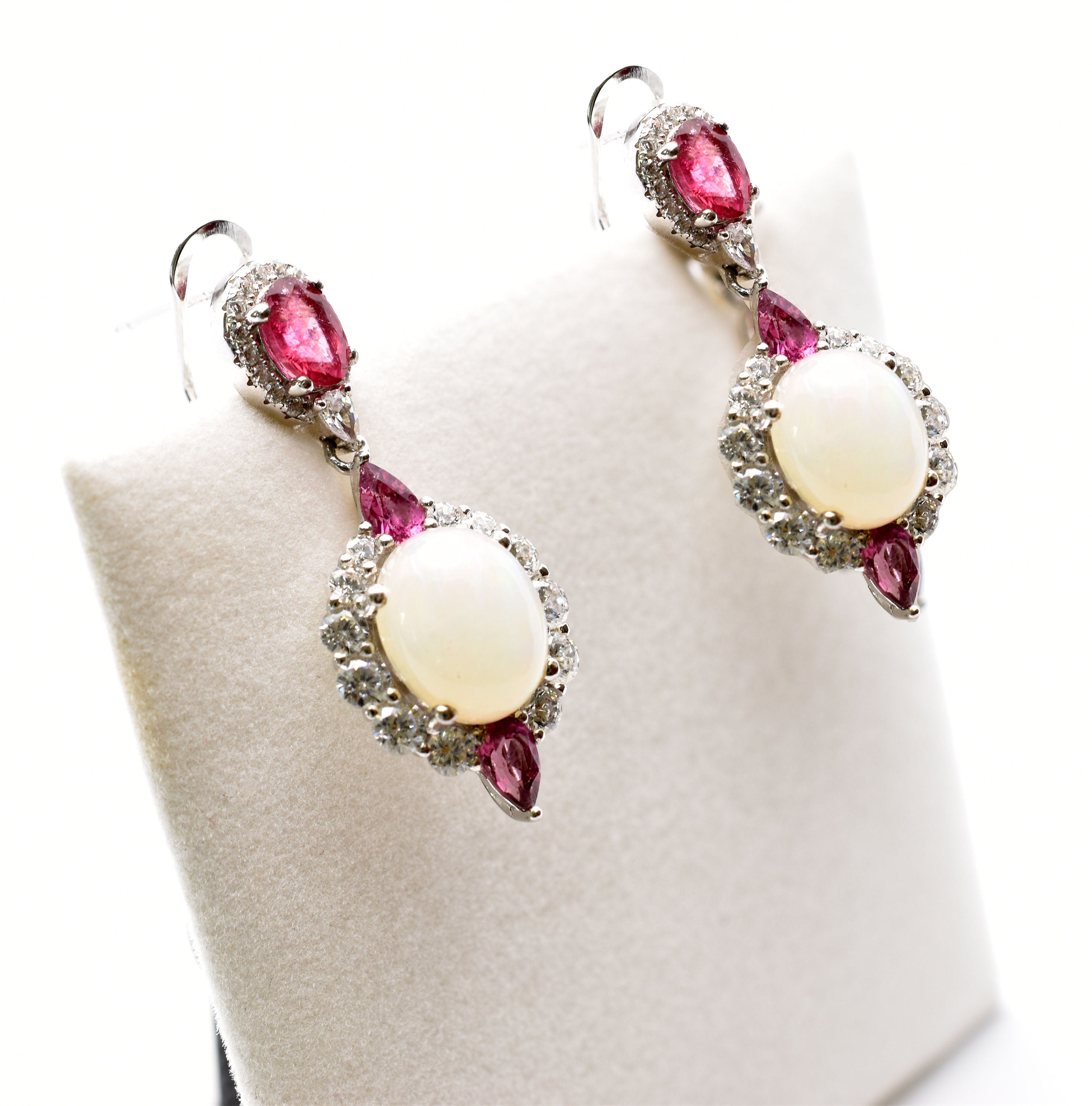 Silver Natural Opal and Tourmaline Drop Earrings, Fancy Drop Earrings with Natural Gemstone