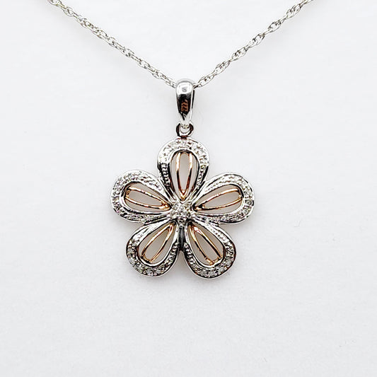 Sterling Silver Diamond Flower Necklace | 925 Silver Natural Diamond Flower Pendant with Chain, Floral Diamond Necklace, Gift For Women