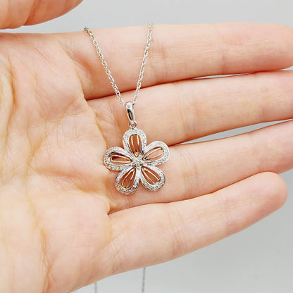 Sterling Silver Diamond Flower Necklace | 925 Silver Natural Diamond Flower Pendant with Chain, Floral Diamond Necklace, Gift For Women