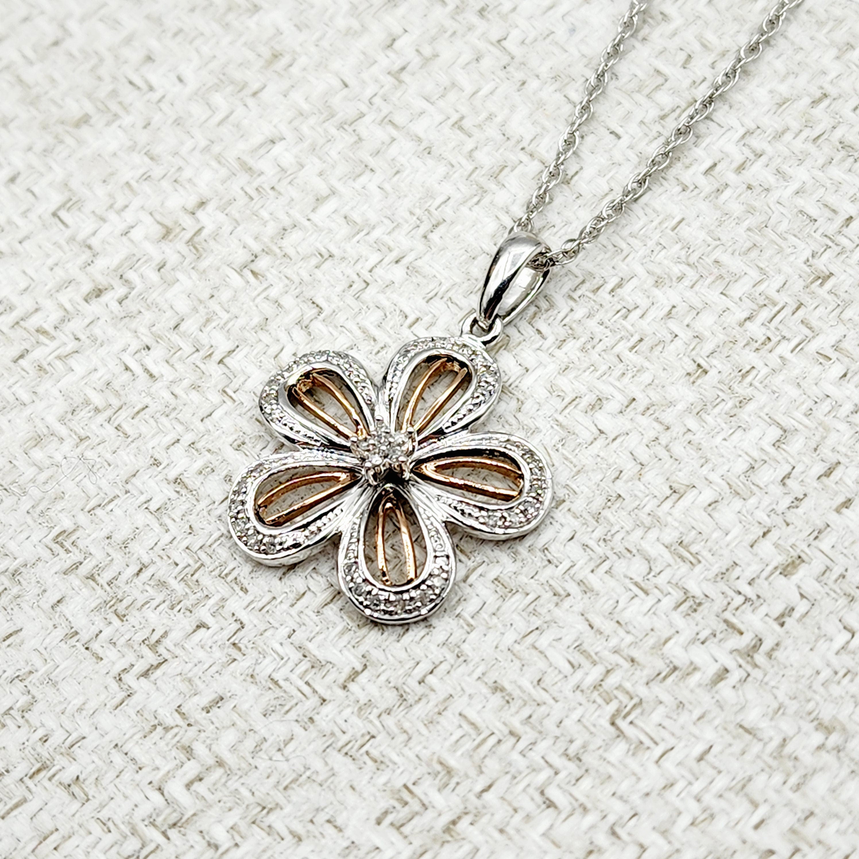 Sterling Silver Diamond Flower Necklace | 925 Silver Natural Diamond Flower Pendant with Chain, Floral Diamond Necklace, Gift For Women