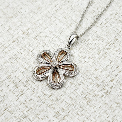 Sterling Silver Diamond Flower Necklace | 925 Silver Natural Diamond Flower Pendant with Chain, Floral Diamond Necklace, Gift For Women