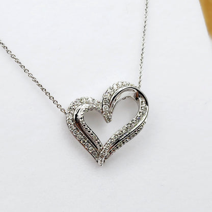 Diamond Heart Pendant Necklace , 925 Sterling Silver Diamond Heart Shaped Big Pendant with Chain, Bride Necklace, Wedding Diamond Necklace