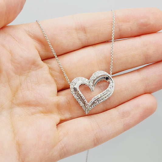 Diamond Heart Pendant Necklace , 925 Sterling Silver Diamond Heart Shaped Big Pendant with Chain, Bride Necklace, Wedding Diamond Necklace