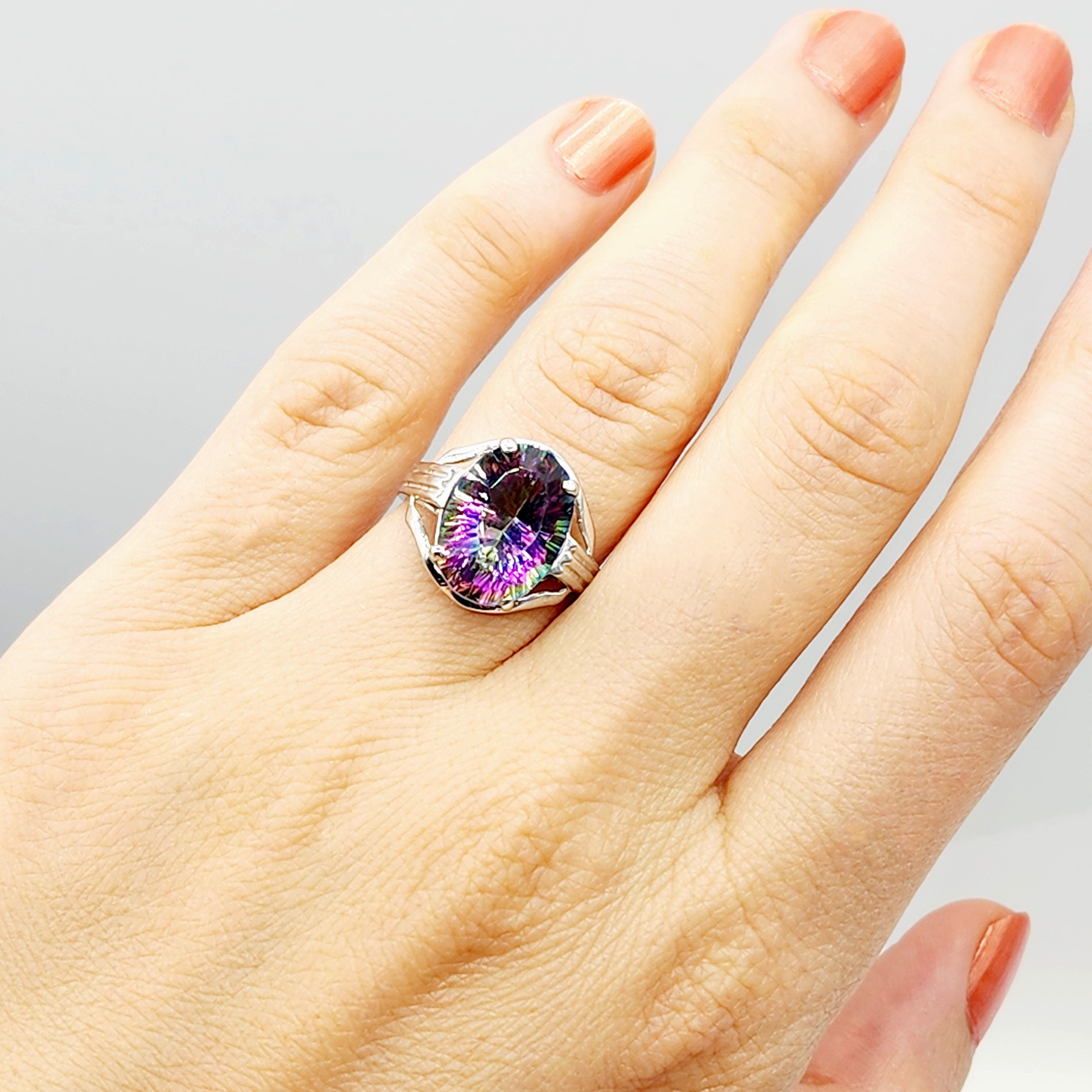 10K White Gold Mystic Quartz 14x10 Ring, Big Gemstone Rings For Women , Natural Multicolor Gemstone Rings For Her, Gift For Women