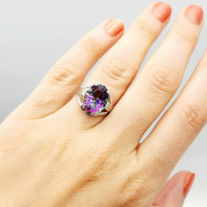 10K White Gold Mystic Quartz 14x10 Ring, Big Gemstone Rings For Women , Natural Multicolor Gemstone Rings For Her, Gift For Women