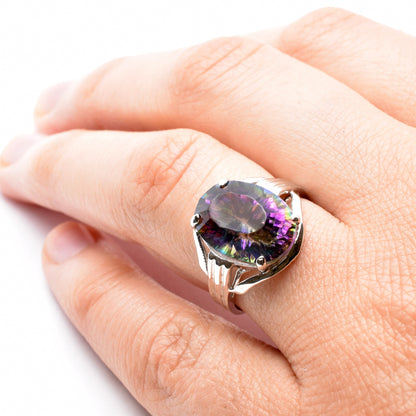 10K White Gold Mystic Quartz 14x10 Ring, Big Gemstone Rings For Women , Natural Multicolor Gemstone Rings For Her, Gift For Women
