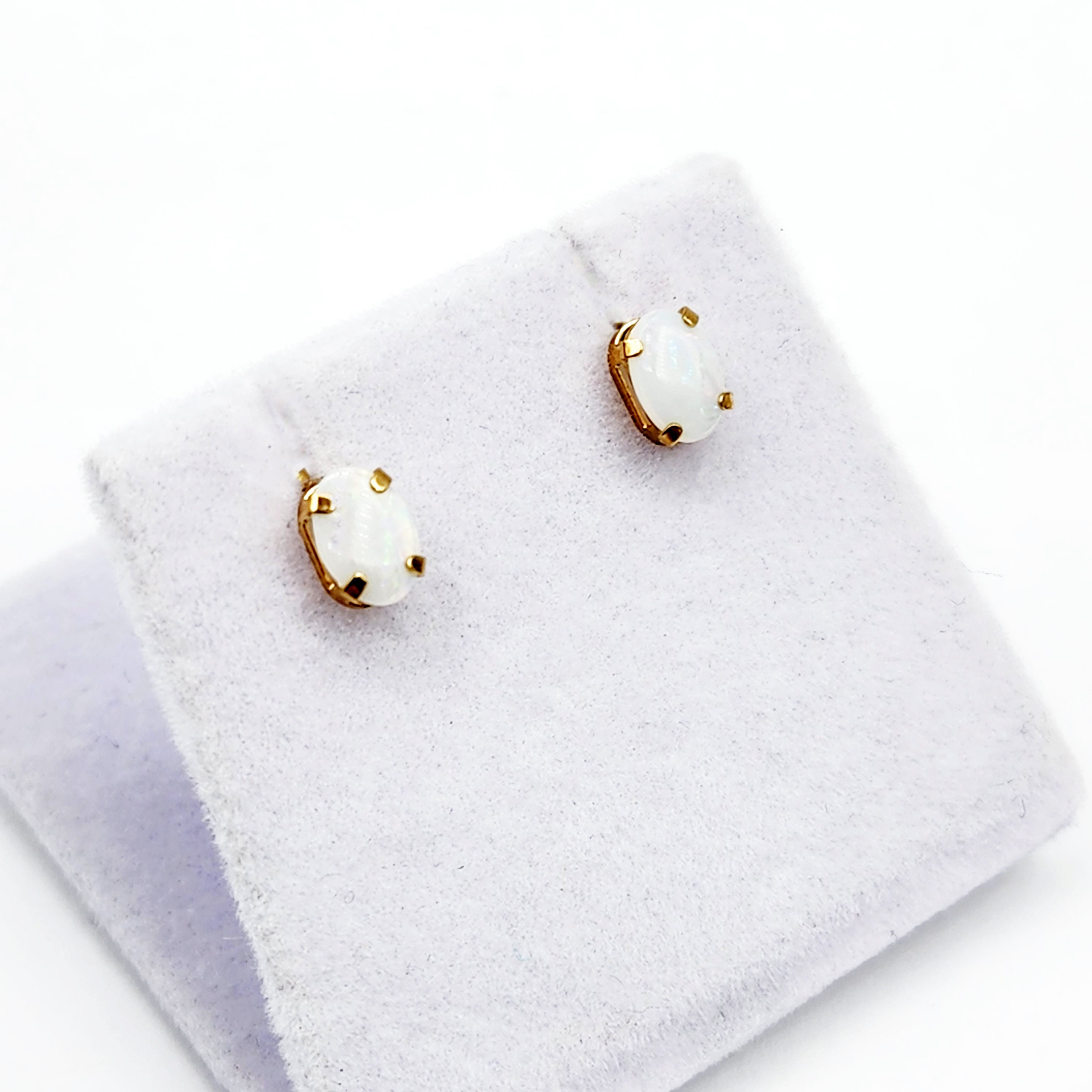 Gold Opal Stud Earrings , 10K Yellow Gold Genuine Opal 6x4mm Stud Earrings, October Birthstone, Handmade Earrings, Fire White Opal Earrings