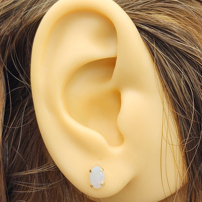 Gold Opal Stud Earrings , 10K Yellow Gold Genuine Opal 6x4mm Stud Earrings, October Birthstone, Handmade Earrings, Fire White Opal Earrings