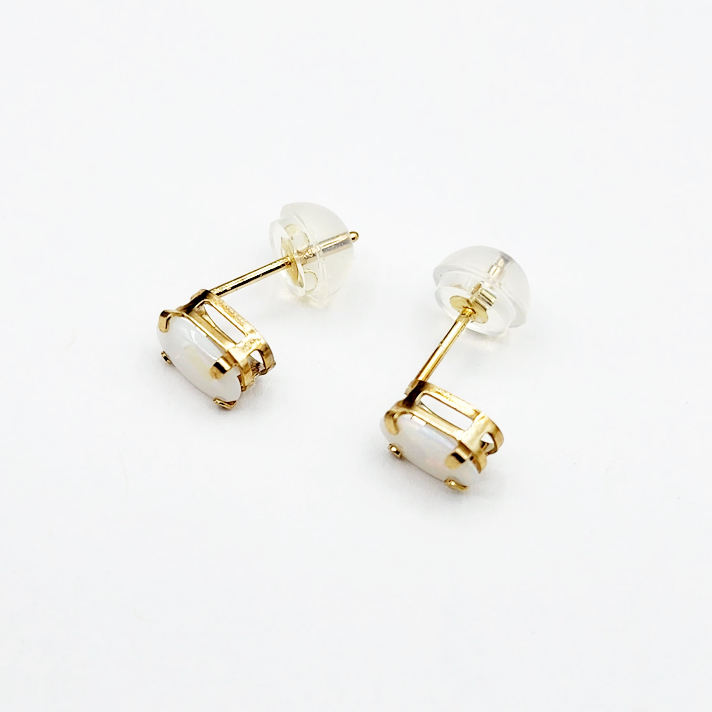 Gold Opal Stud Earrings , 10K Yellow Gold Genuine Opal 6x4mm Stud Earrings, October Birthstone, Handmade Earrings, Fire White Opal Earrings