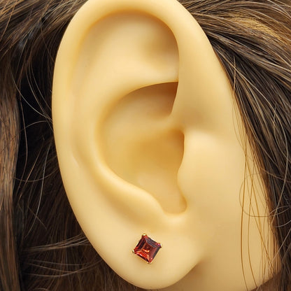 14K Solid Gold Genuine Square Garnet Earrings, January Birthstone, Gift for Her, 14K Gold Garnet Jewelry, 4x4mm January Birthstone Studs