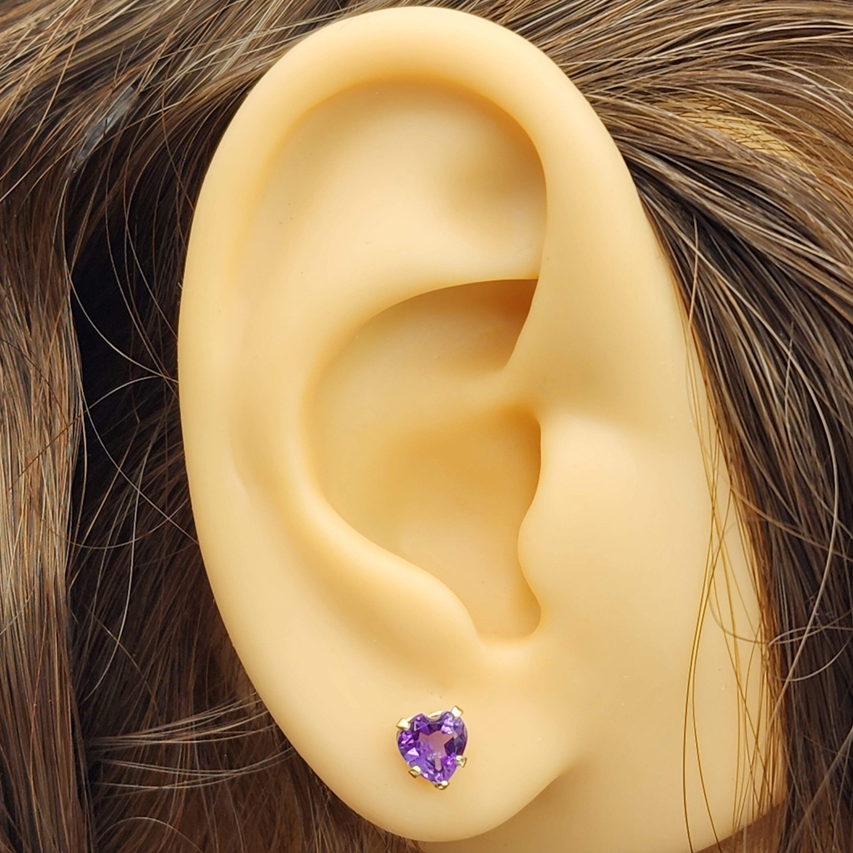 10K Yellow Gold Heart-Shaped Genuine Amethyst 5x5mm Stud Earrings, February Birthstone