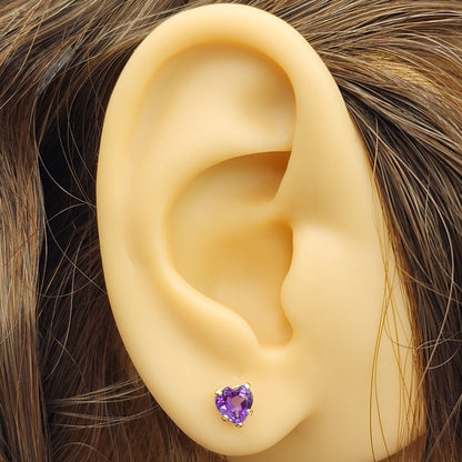 10K Yellow Gold Heart-Shaped Genuine Amethyst 5x5mm Stud Earrings, February Birthstone