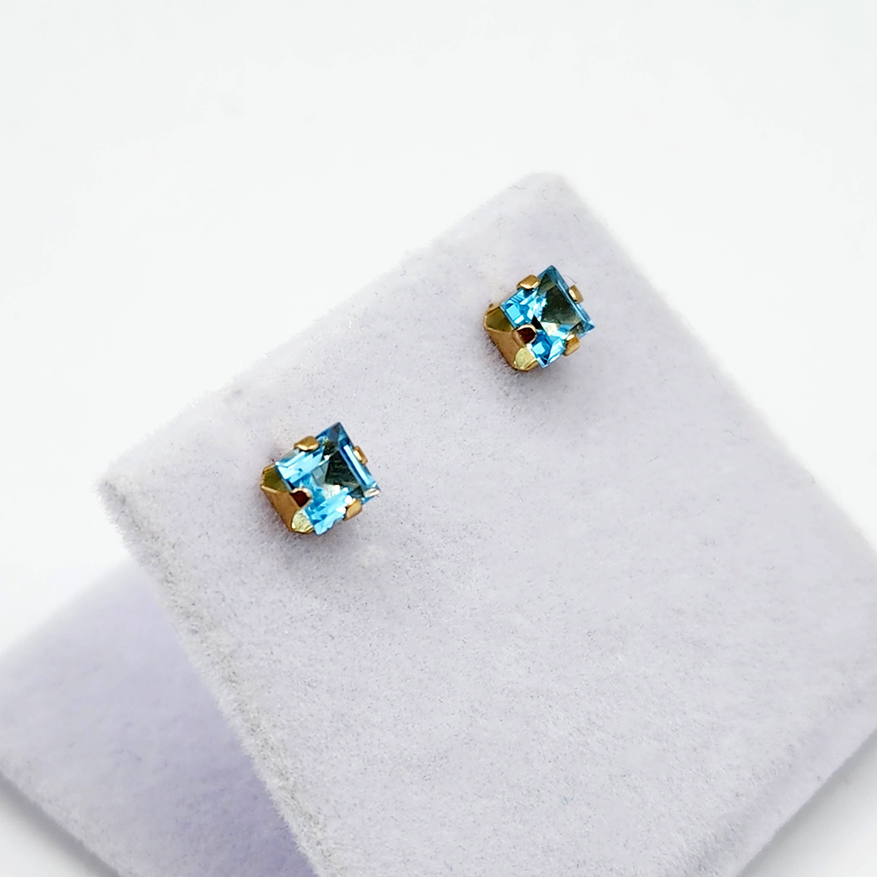 Gold Blue Topaz Earrings, 10K Yellow Gold Genuine Square Blue Topaz 4x4mm Stud Earrings, December Birthstone, Blue Gemstone Jewelry For Her