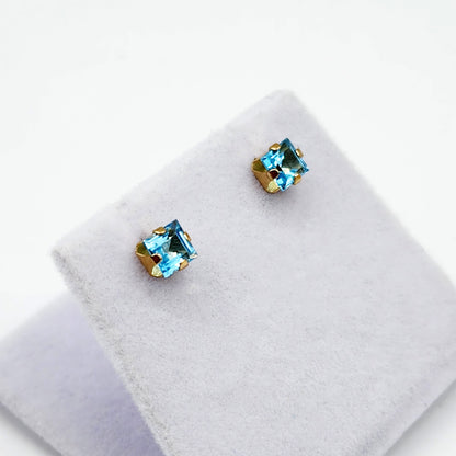 Gold Blue Topaz Earrings, 10K Yellow Gold Genuine Square Blue Topaz 4x4mm Stud Earrings, December Birthstone, Blue Gemstone Jewelry For Her