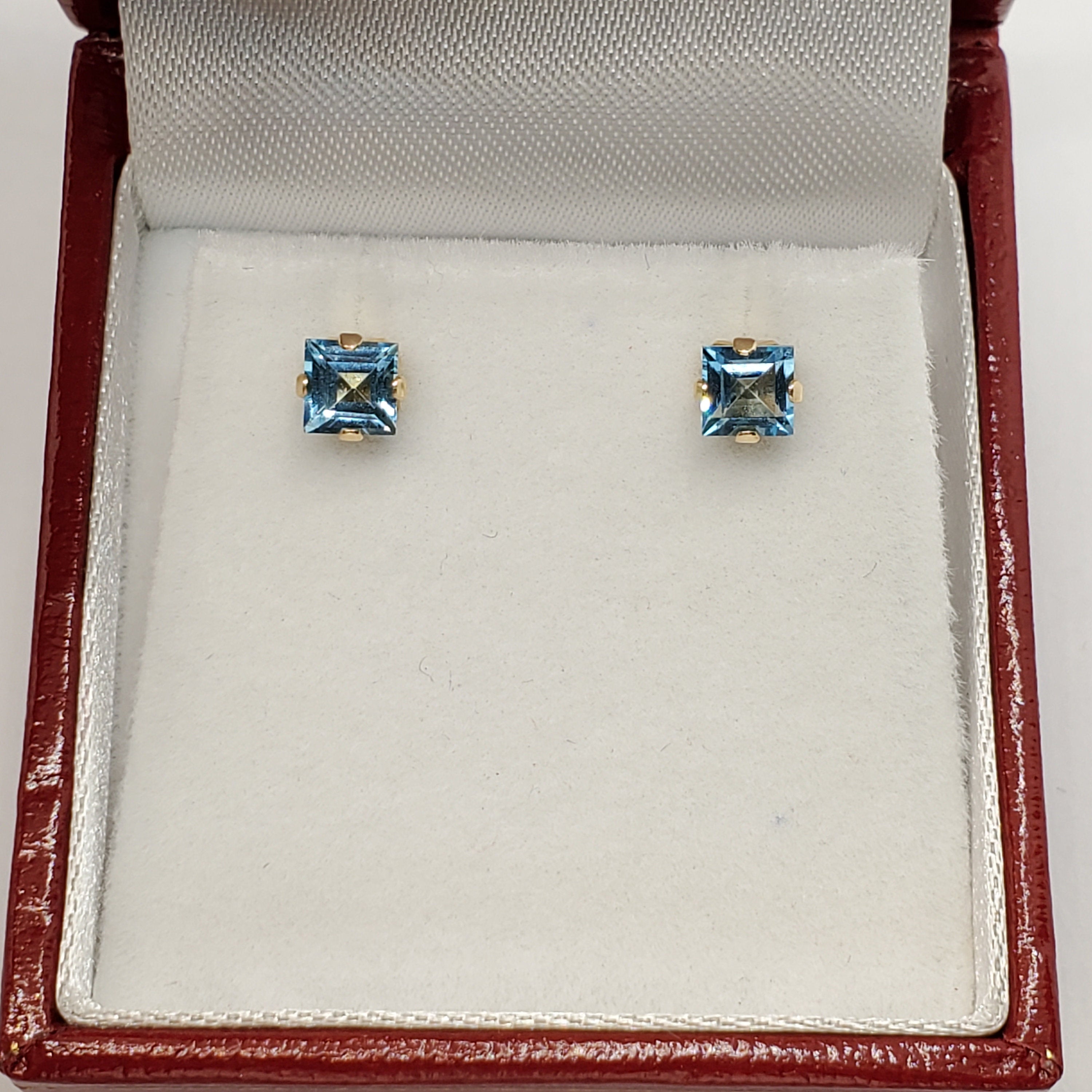 Gold Blue Topaz Earrings, 10K Yellow Gold Genuine Square Blue Topaz 4x4mm Stud Earrings, December Birthstone, Blue Gemstone Jewelry For Her