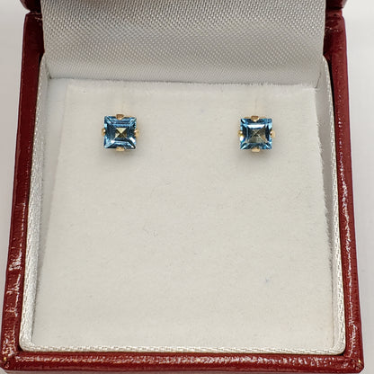 Gold Blue Topaz Earrings, 10K Yellow Gold Genuine Square Blue Topaz 4x4mm Stud Earrings, December Birthstone, Blue Gemstone Jewelry For Her