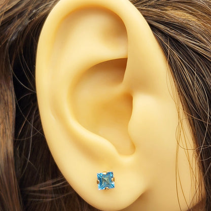 Gold Blue Topaz Earrings, 10K Yellow Gold Genuine Square Blue Topaz 4x4mm Stud Earrings, December Birthstone, Blue Gemstone Jewelry For Her