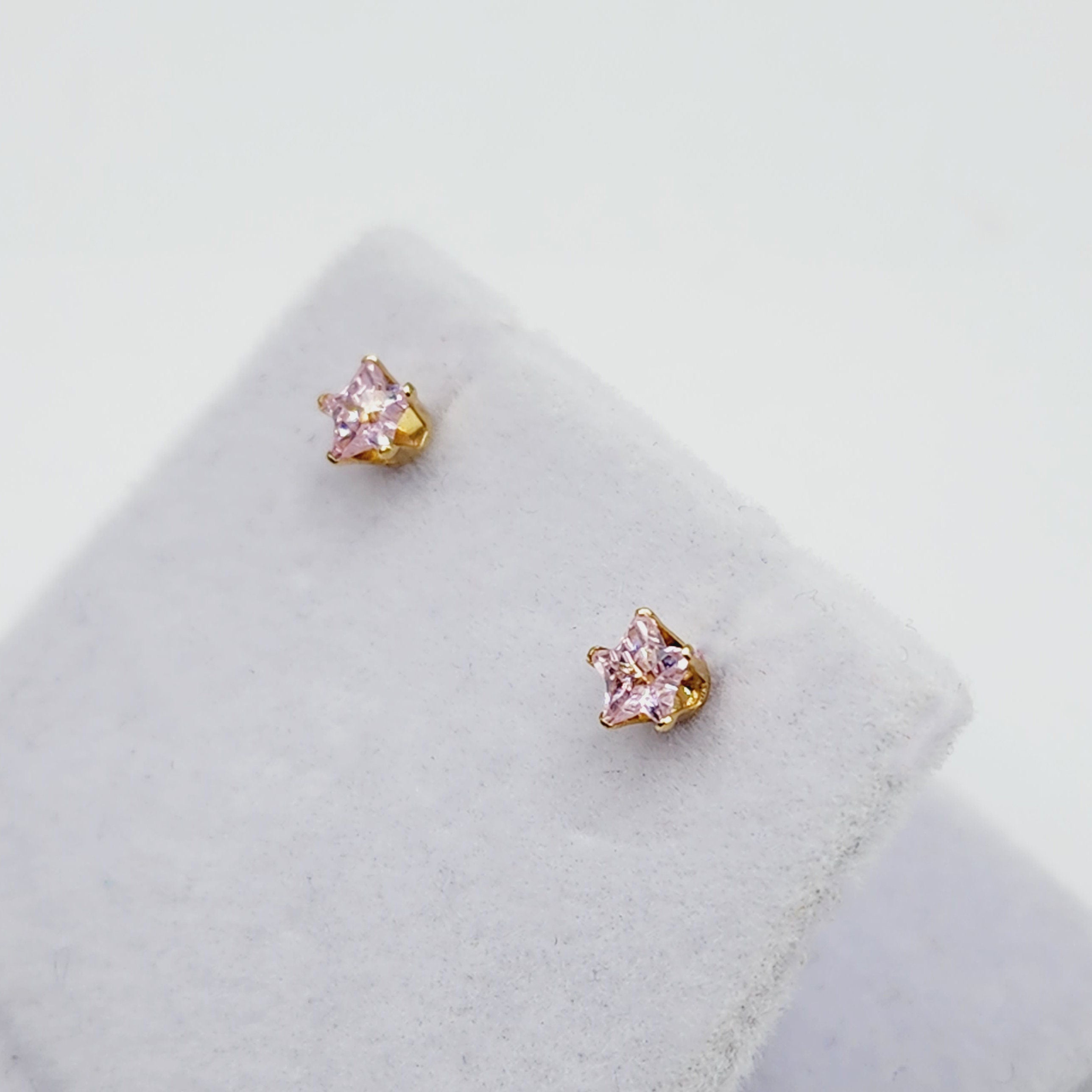 Cubic Zirconia Star stud Earrings, 14K Yellow Gold Pink Cubic Zirconia Stud Earrings, Earrings for her, Gift for her