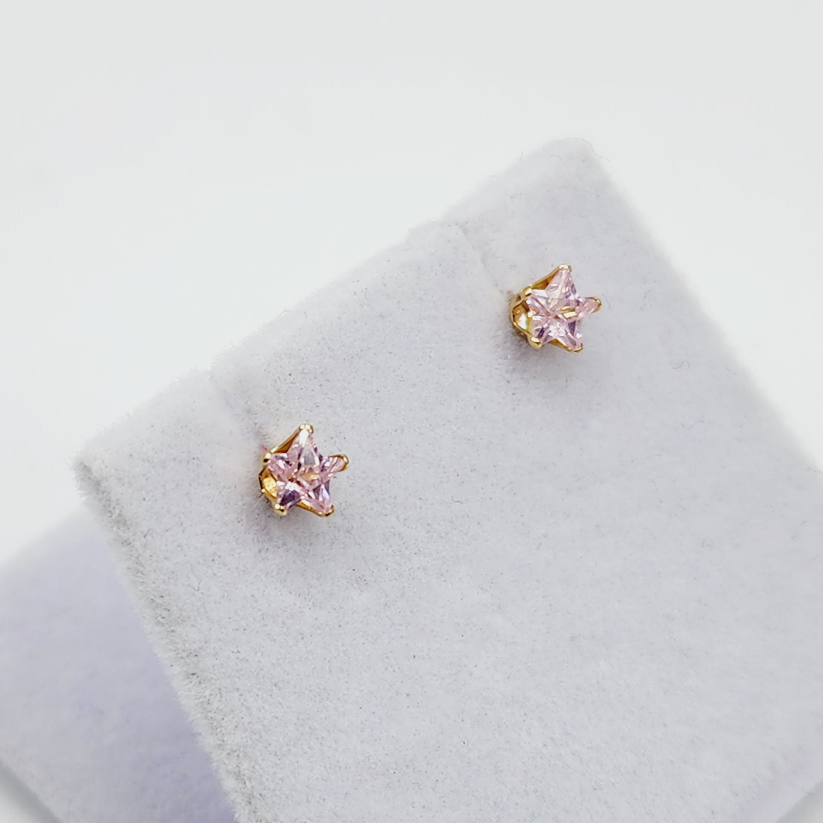 Cubic Zirconia Star stud Earrings, 14K Yellow Gold Pink Cubic Zirconia Stud Earrings, Earrings for her, Gift for her