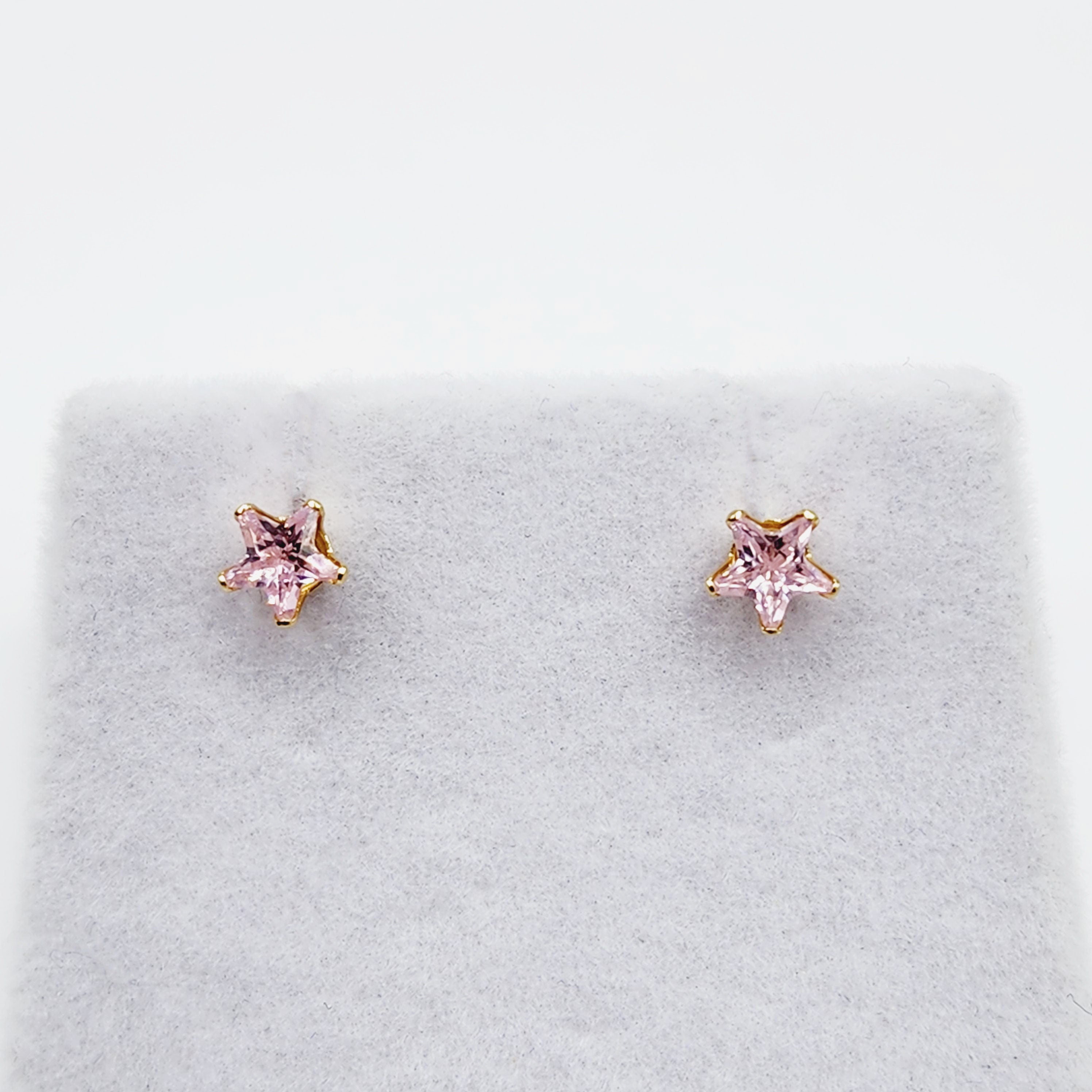 Cubic Zirconia Star stud Earrings, 14K Yellow Gold Pink Cubic Zirconia Stud Earrings, Earrings for her, Gift for her