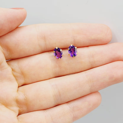 Gold Amethyst Stud Earrings | 10K Yellow Gold Genuine Amethyst 7x5mm Stud Earrings, February Birthstone, Purple Gemstone Jewelry