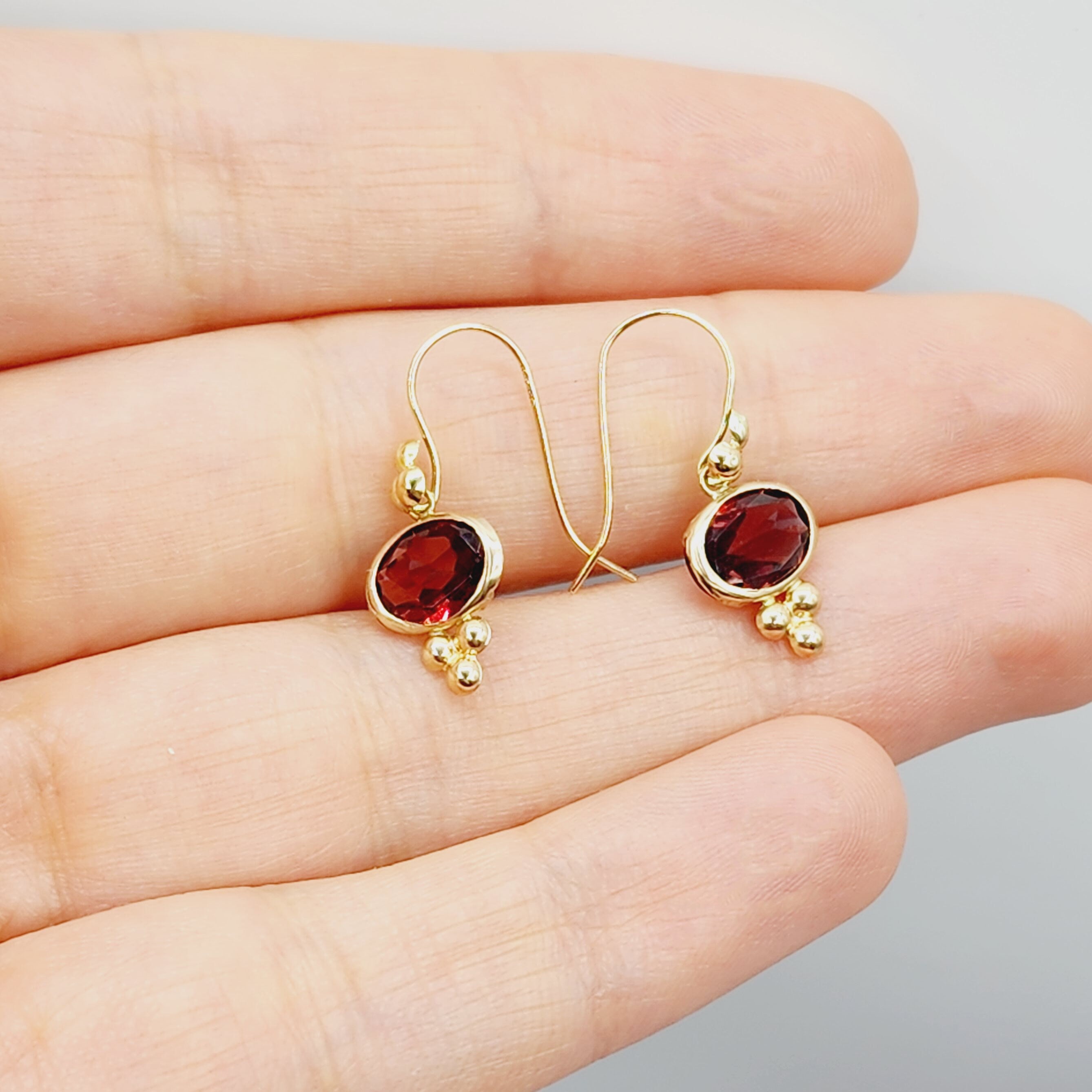 10K Yellow Gold Garnet Drop Wire Earrings, Dainty Drop & Dangle Natural Gemstone Earrings, January Birthstone Gift Dangle Earrings for Women