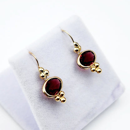 10K Yellow Gold Garnet Drop Wire Earrings, Dainty Drop & Dangle Natural Gemstone Earrings, January Birthstone Gift Dangle Earrings for Women