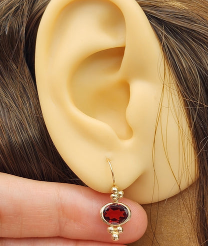 10K Yellow Gold Garnet Drop Wire Earrings, Dainty Drop & Dangle Natural Gemstone Earrings, January Birthstone Gift Dangle Earrings for Women