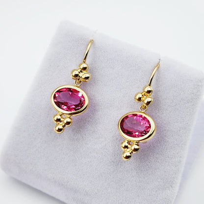 14K Yellow Gold Pink Topaz Drop Wire Earrings, Dainty Drop & Dangle Natural Gemstone Earrings, Birthstone Gift Dangle Earrings for Women