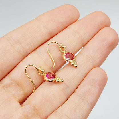 14K Yellow Gold Pink Topaz Drop Wire Earrings, Dainty Drop & Dangle Natural Gemstone Earrings, Birthstone Gift Dangle Earrings for Women