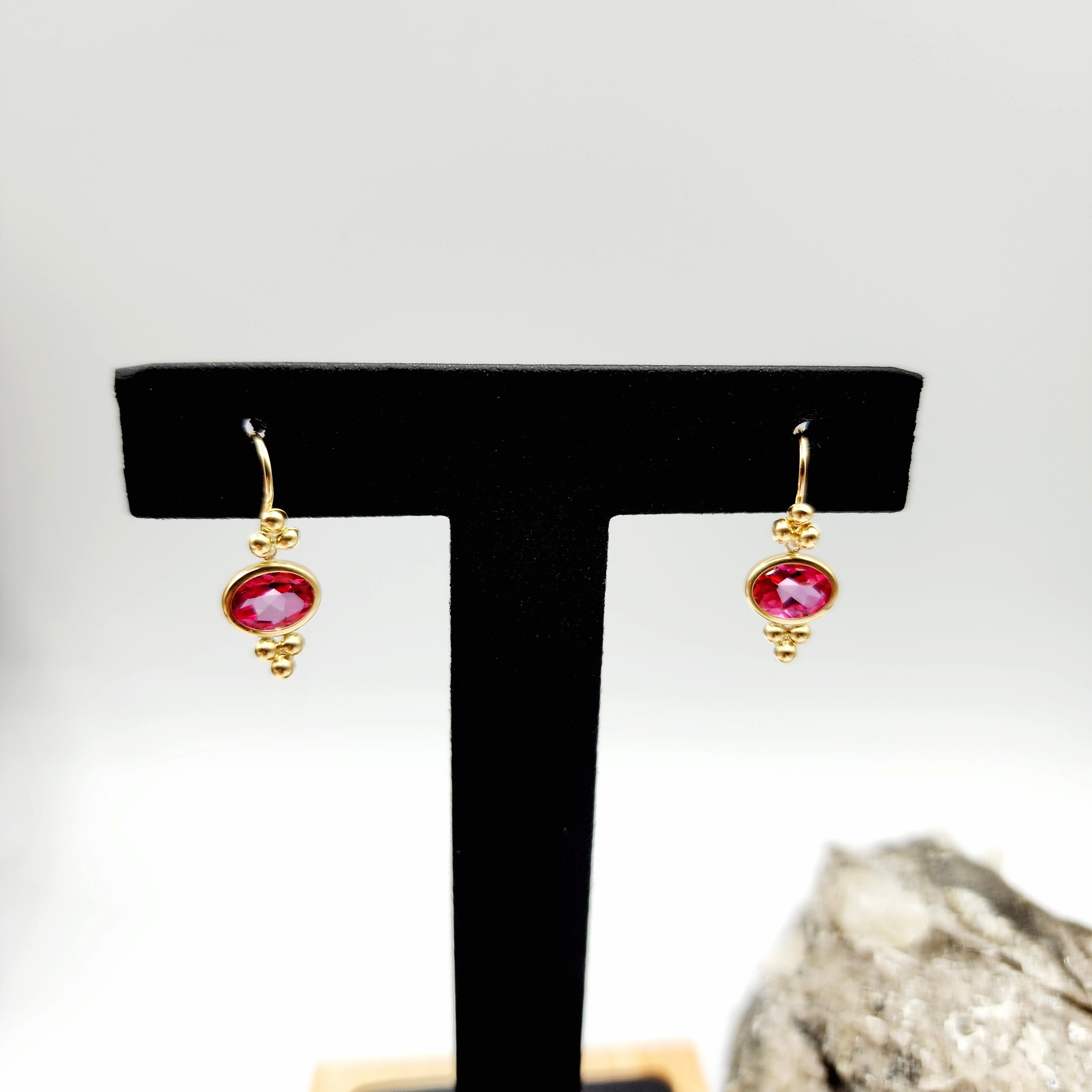 14K Yellow Gold Pink Topaz Drop Wire Earrings, Dainty Drop & Dangle Natural Gemstone Earrings, Birthstone Gift Dangle Earrings for Women