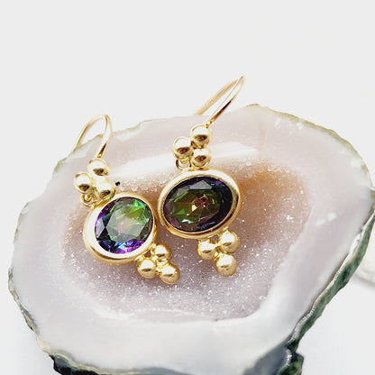 14K Yellow Gold Mystic Topaz Drop Earrings, Dainty Drop Dangle Natural Gemstone Earrings, June Birthstone Gift Dangle Earrings for Women