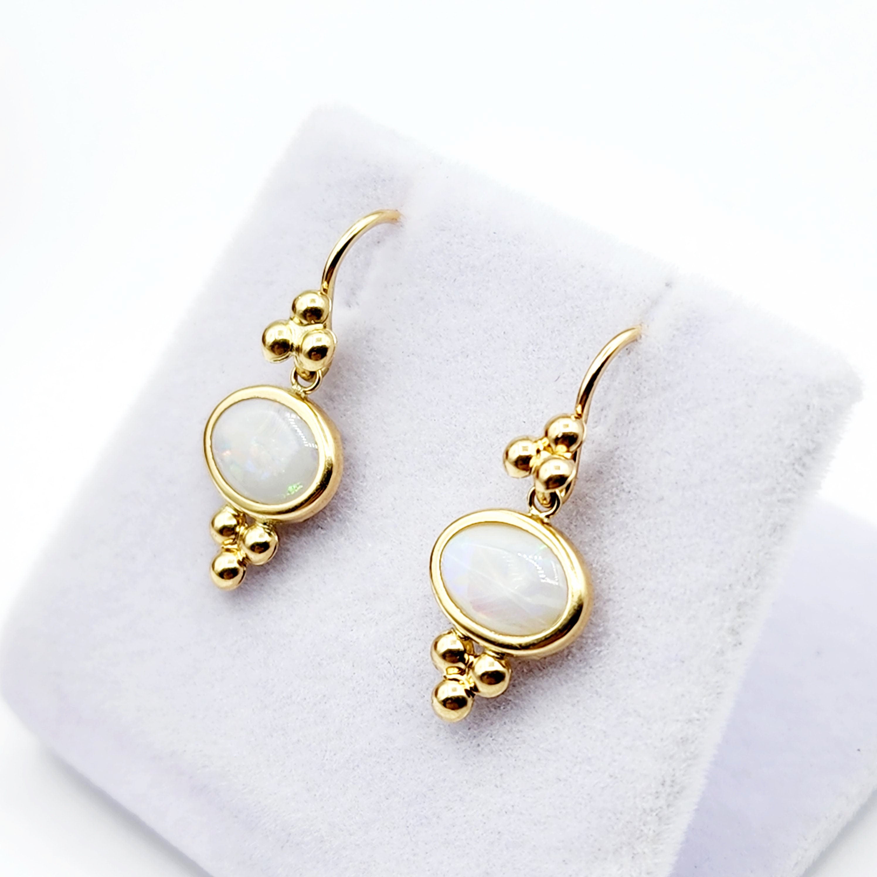 14K Yellow Gold Opal Drop Earrings, Dainty Drop Dangle Natural Gemstone Earrings, October Birthstone Gift Dangle Earrings for Women