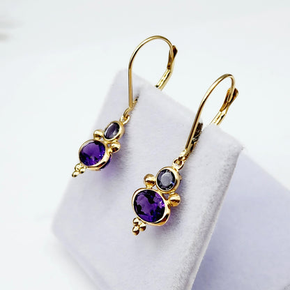 14K Yellow Gold Amethyst and Iolite Dangle Earrings