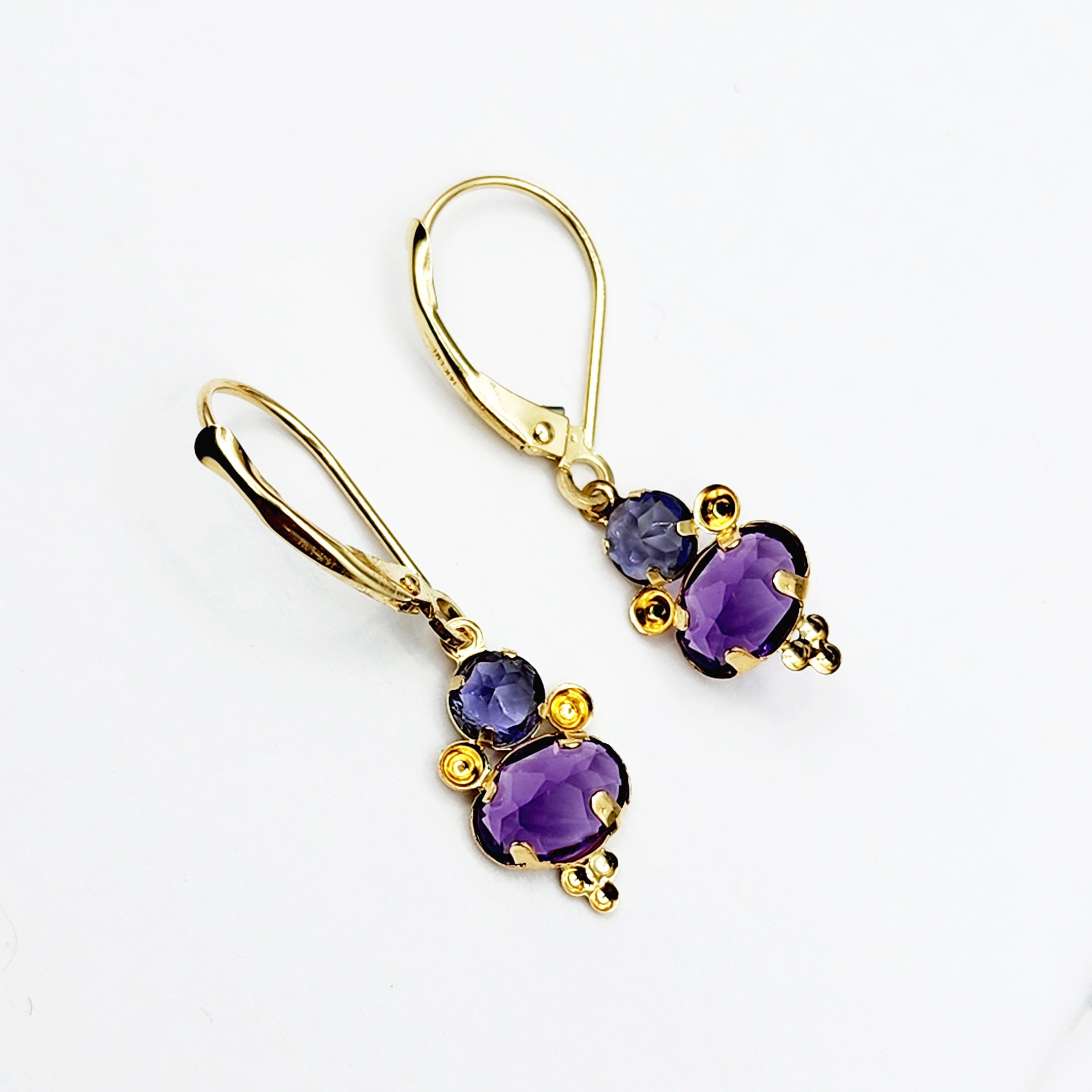 14K Yellow Gold Amethyst and Iolite Dangle Earrings
