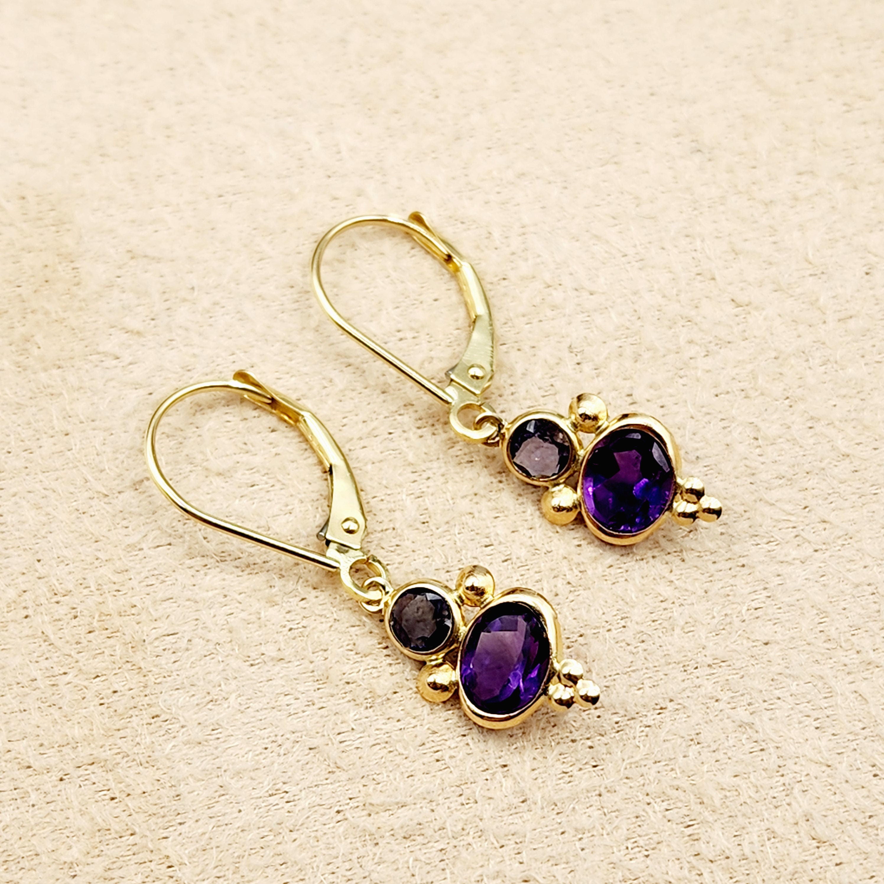 14K Yellow Gold Amethyst and Iolite Dangle Earrings