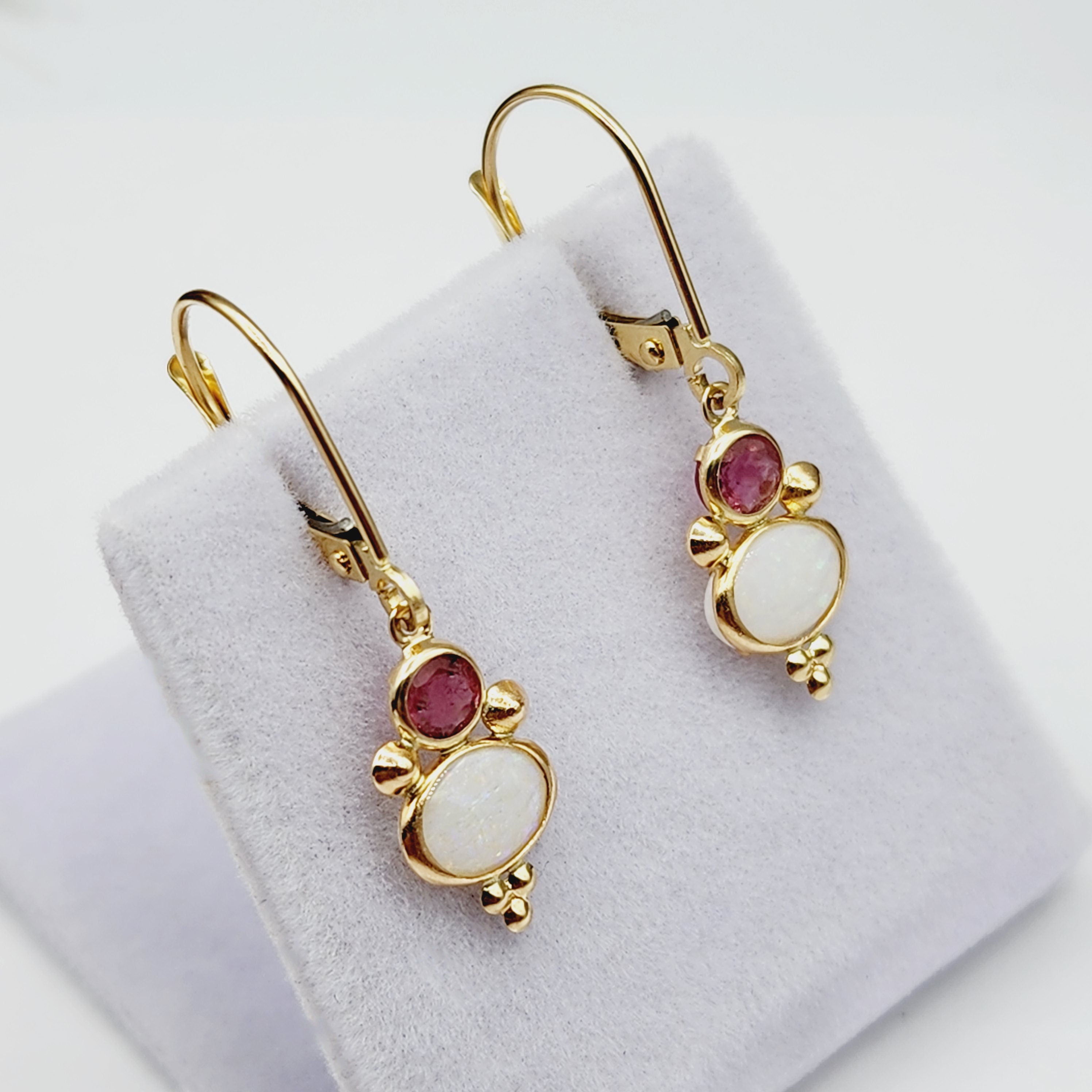 14K Gold Opal and Tourmaline Dangle Earrings, Handmade Lever Back Earrings