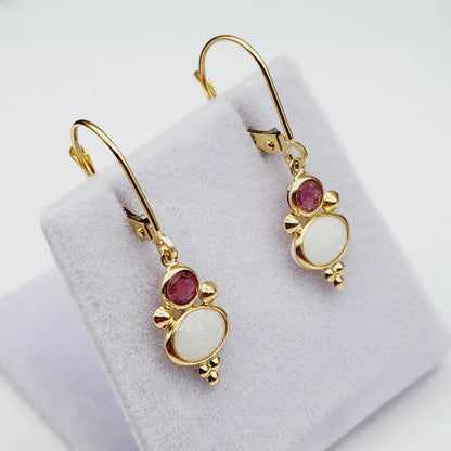 14K Gold Opal and Tourmaline Dangle Earrings, Handmade Lever Back Earrings