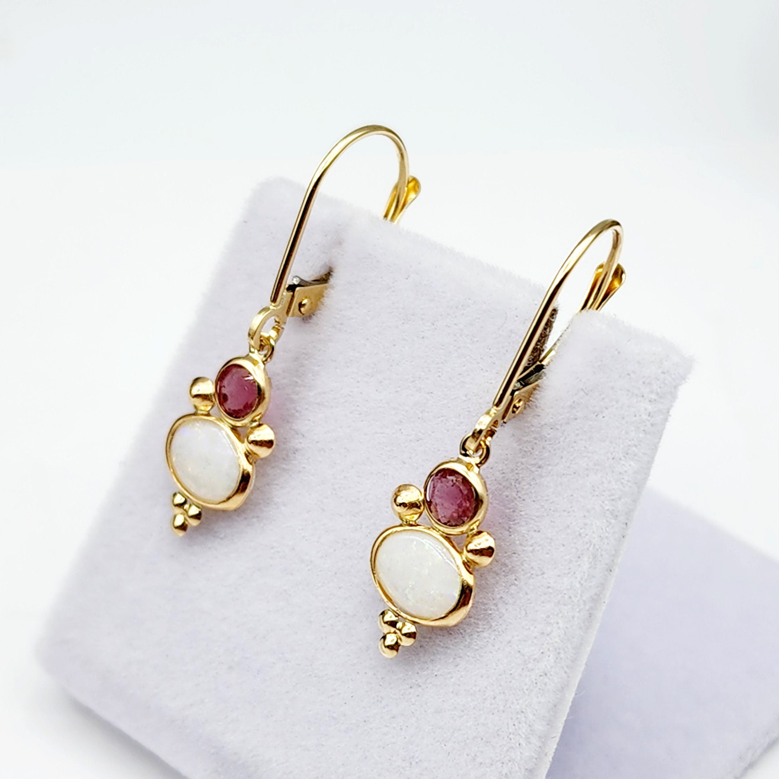 14K Gold Opal and Tourmaline Dangle Earrings, Handmade Lever Back Earrings
