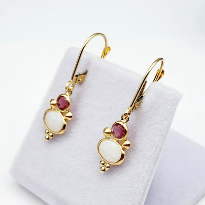 14K Gold Opal and Tourmaline Dangle Earrings, Handmade Lever Back Earrings