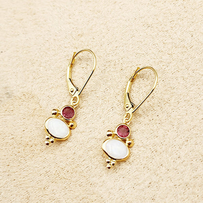 14K Gold Opal and Tourmaline Dangle Earrings, Handmade Lever Back Earrings