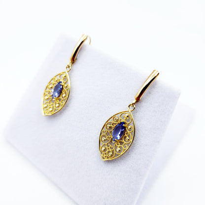 10K Gold Genuine Tanzanite Earrings, Marquise Natural Tanzanite 8x4mm Lever Back Earrings, December Birthstone, Drop Earrings for Women