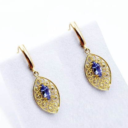 10K Gold Genuine Tanzanite Earrings, Marquise Natural Tanzanite 8x4mm Lever Back Earrings, December Birthstone, Drop Earrings for Women