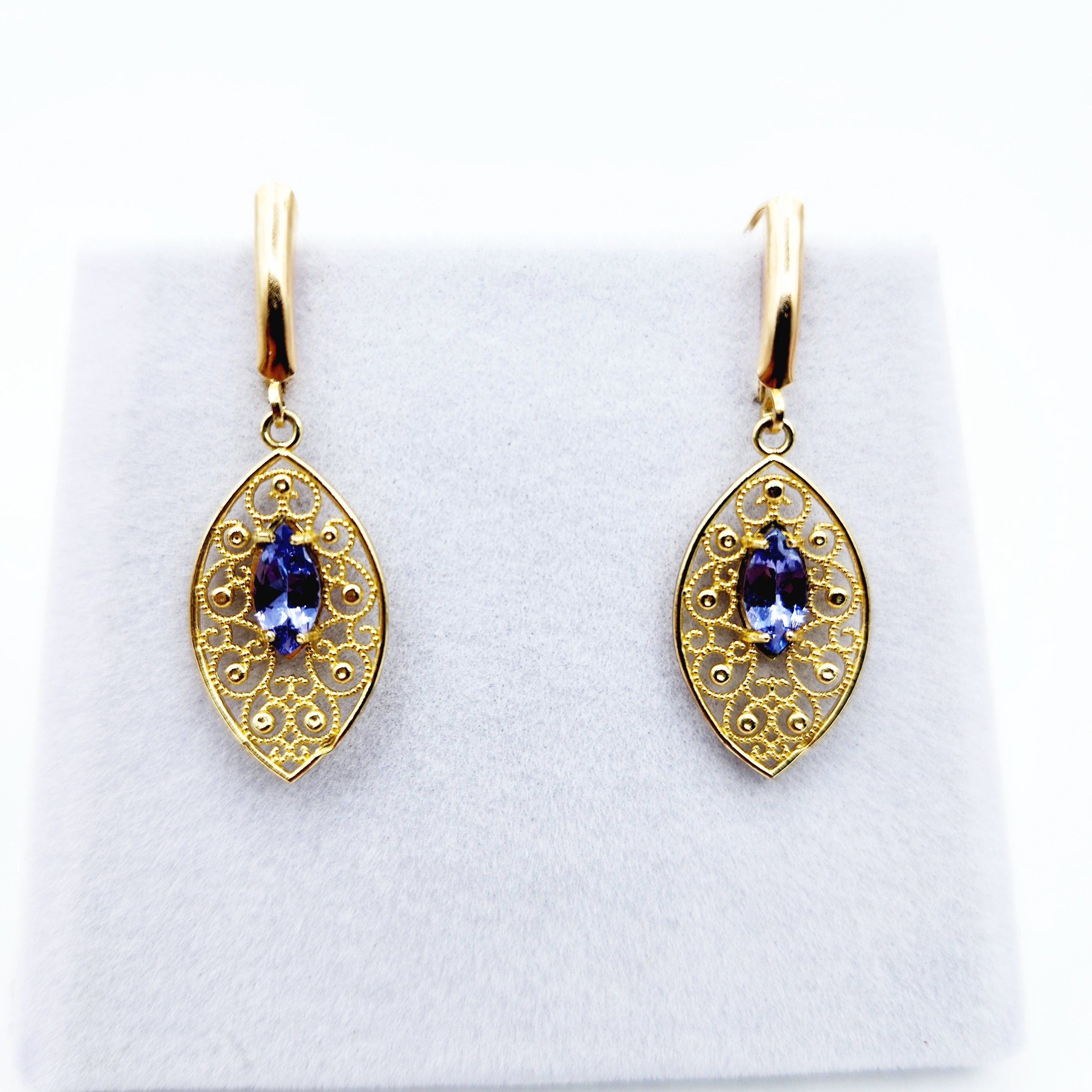 10K Gold Genuine Tanzanite Earrings, Marquise Natural Tanzanite 8x4mm Lever Back Earrings, December Birthstone, Drop Earrings for Women