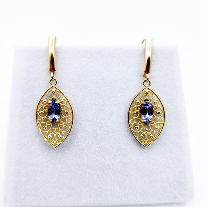 10K Gold Genuine Tanzanite Earrings, Marquise Natural Tanzanite 8x4mm Lever Back Earrings, December Birthstone, Drop Earrings for Women