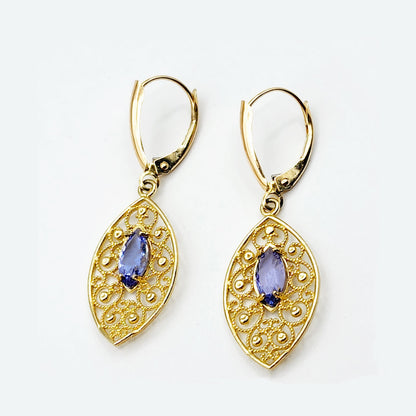 10K Gold Genuine Tanzanite Earrings, Marquise Natural Tanzanite 8x4mm Lever Back Earrings, December Birthstone, Drop Earrings for Women