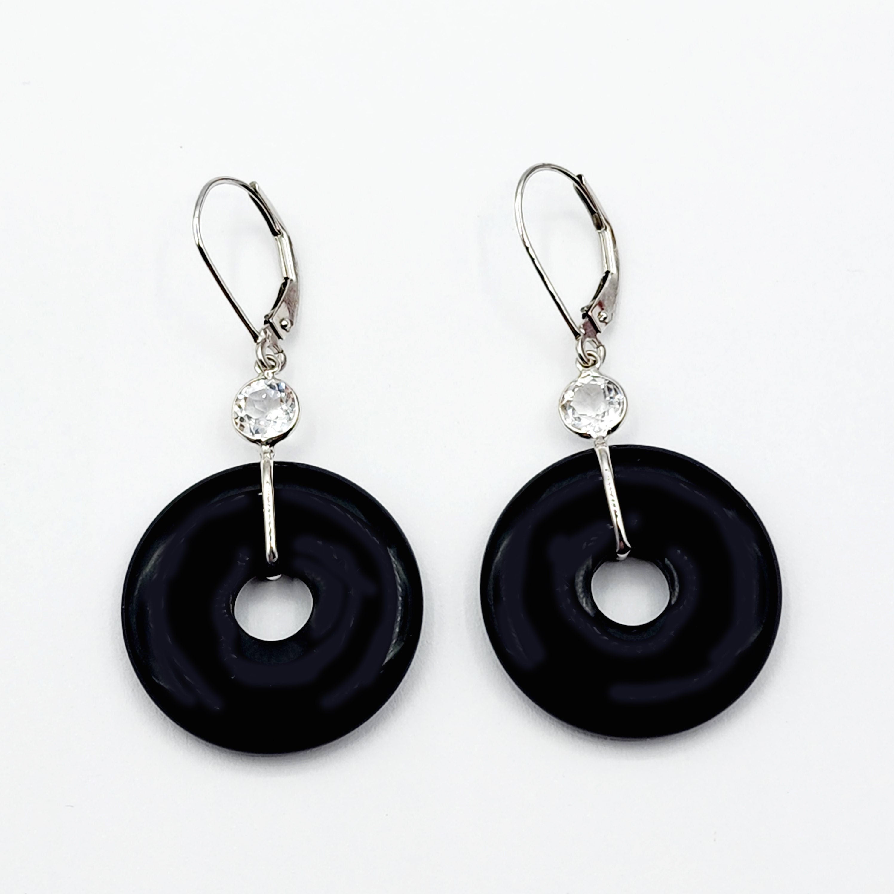 Gold Black Onyx Drop Earrings, 14K White Gold Gemstone Drop Earrings for Women, Black Jewelry for Women, Gemstone Drop Earrings for Her