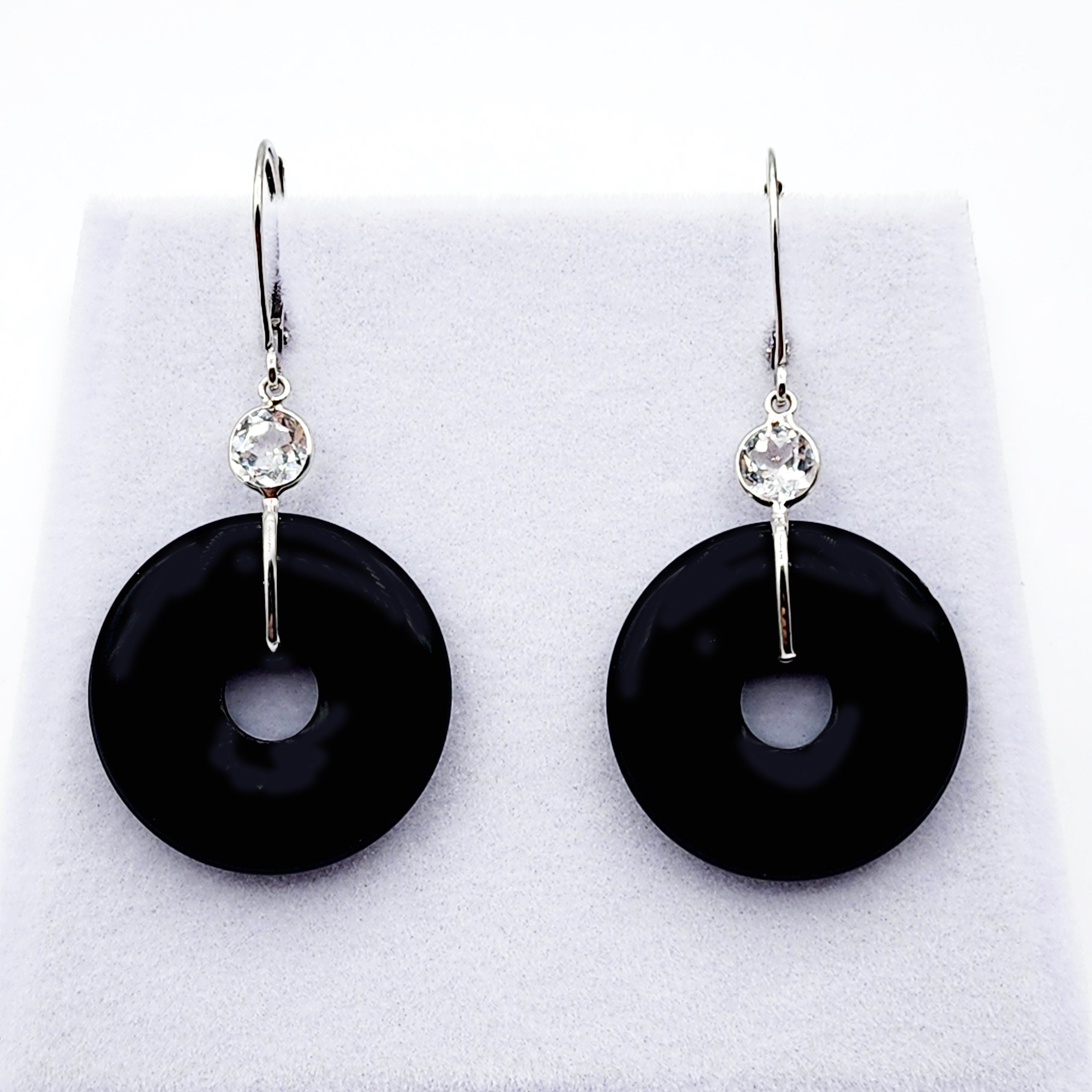 Gold Black Onyx Drop Earrings, 14K White Gold Gemstone Drop Earrings for Women, Black Jewelry for Women, Gemstone Drop Earrings for Her