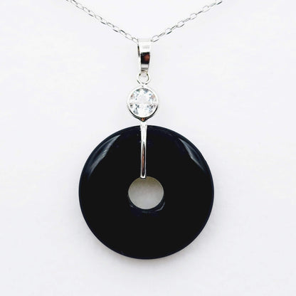 Gold Black Onyx Drop Gemstone Pendant, 14K White Gold Onyx Disc Pendant with Genuine White Topaz, High-Quality Gold and Onyx Jewelry